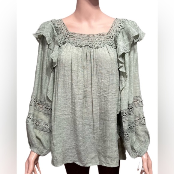 Entro Lace Ruffle Boho Womens Blouse Size Small Light Olive Long  Sleeves 011 - Picture 1 of 5